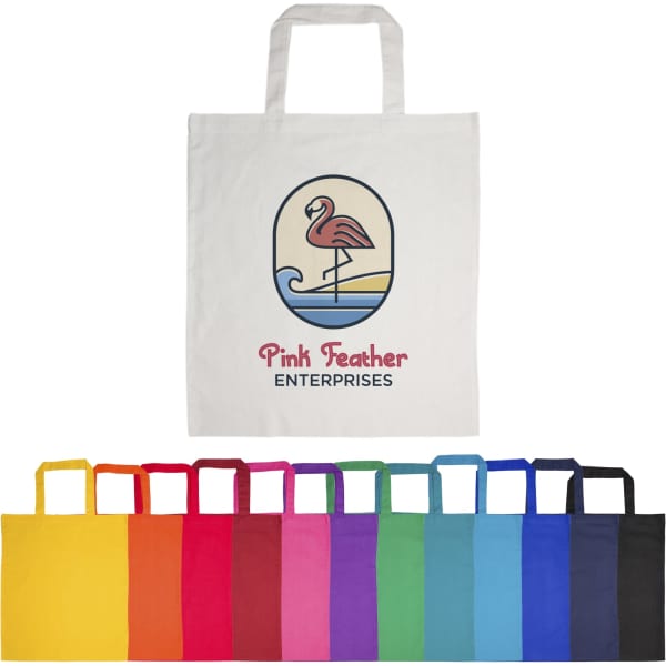 A variety of coloured cotton tote bags featuring a logo, including shades of pink, yellow, red, blue, green, and black.