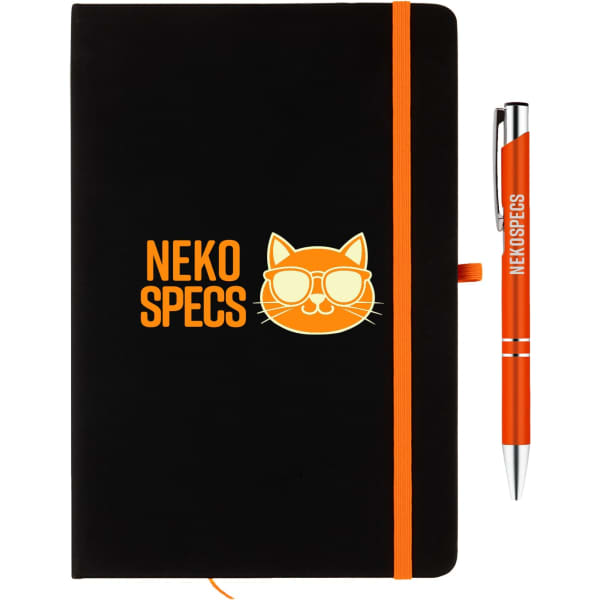 A black notebook with an orange elastic band and an orange pen, featuring a logo on the cover.