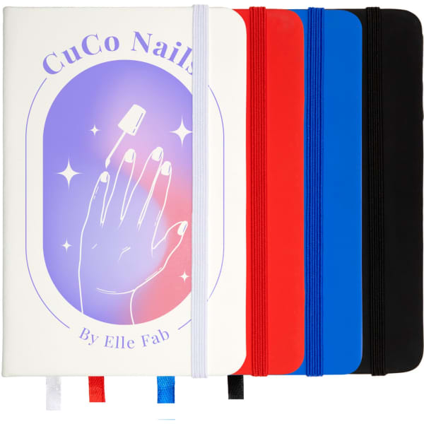 A set of five notebooks in white, red, blue, black, and purple with a hand illustration and a logo on the cover.