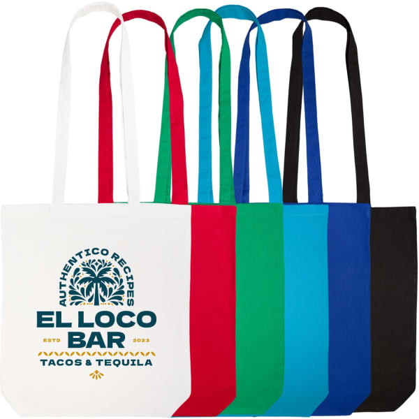 Coloured cotton long handle tote bags in white, red, green, blue, and black, featuring a logo on one bag.