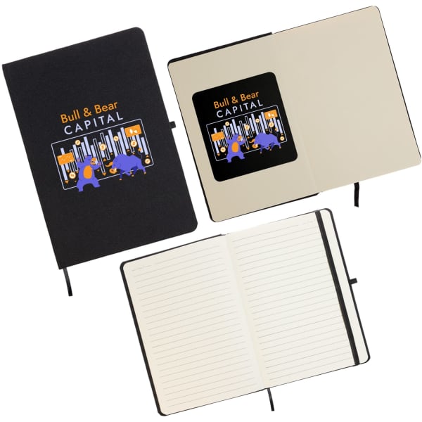 A black A5 notebook with a logo on the cover and lined pages inside. It features an elastic closure.