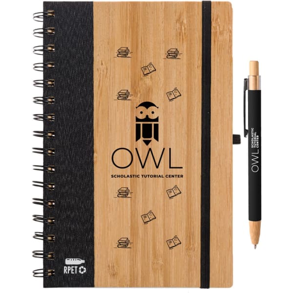 A bamboo notebook with a black cover and a matching black pen, featuring a logo on the front.