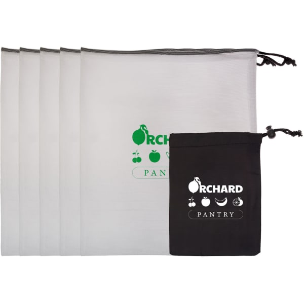 A set of five reusable produce bags in grey and a small black pouch, featuring a logo.