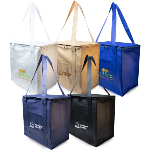 A collection of cooler bags in white, gold, blue, navy, and black, each featuring a logo.