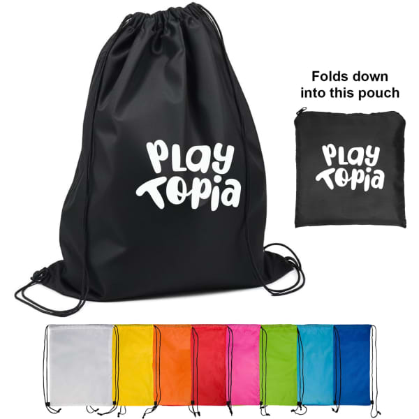 A black drawstring backpack with a logo, folds into a small pouch; available in multiple vibrant colours.