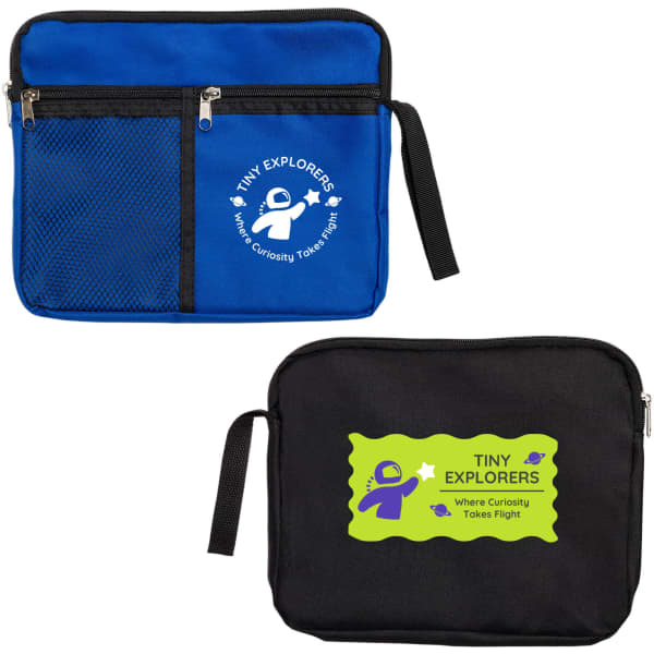 A blue utility pouch with a mesh pocket and a black pouch, both featuring different logos.