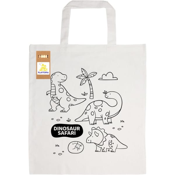 A colouring short handle cotton bag in natural colour featuring dinosaur illustrations and a logo. Pencils included.