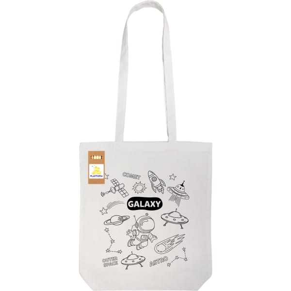 A white cotton tote bag featuring a space-themed design with illustrations of rockets, planets, and stars.