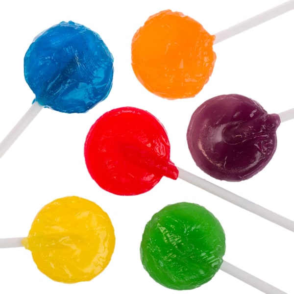 Assorted colour lollipops in blue, orange, red, purple, yellow, and green, featuring white sticks and a glossy finish.