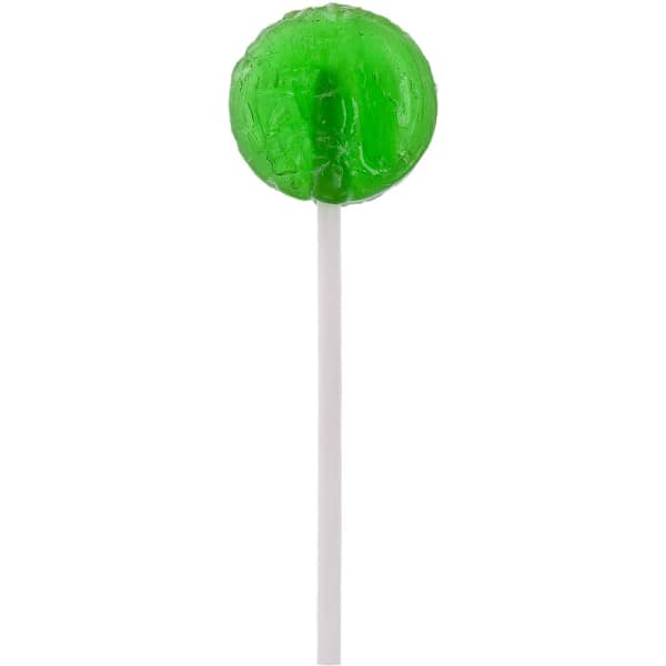 A green lollipop on a white stick, featuring a shiny surface and round shape, with a branding logo.