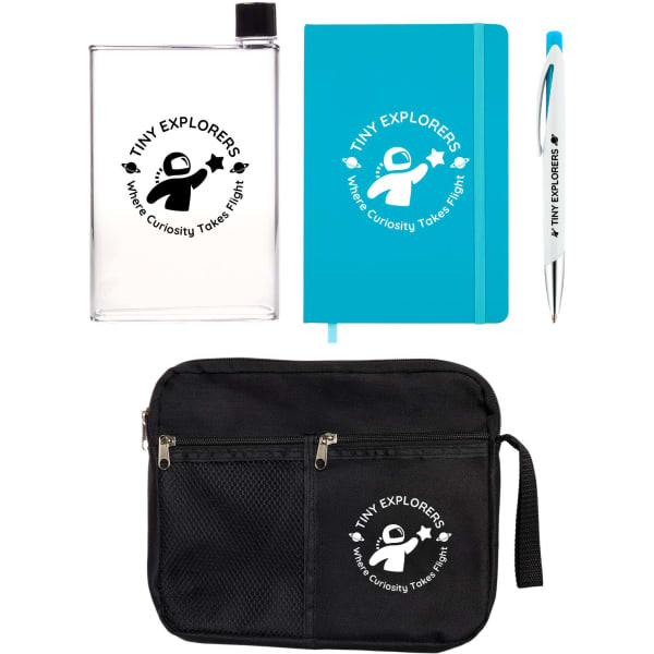 A clear drink bottle, a blue notebook, a pen, and a black carrying pouch, all featuring a logo.