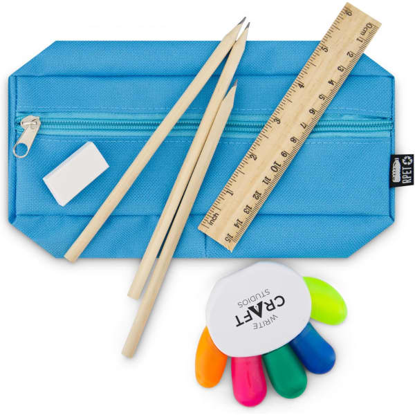 A blue pencil case containing pencils, an eraser, a ruler, and colourful highlighters.