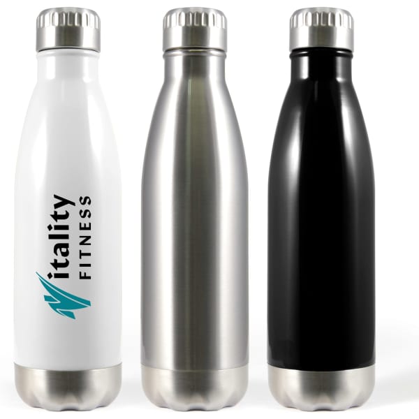A drink bottle set featuring a white, stainless steel, and black vacuum flask, each with a logo on the white bottle.