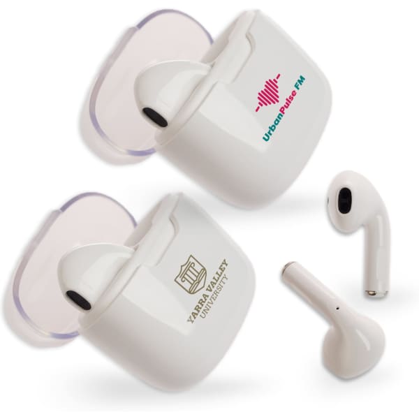 Two pairs of white earbuds in cases, one featuring a logo, set against a plain background.