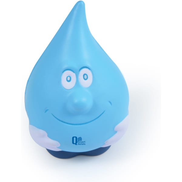 A blue water drop-shaped stress reliever with a smiling face and white hands. It features a logo on the base.