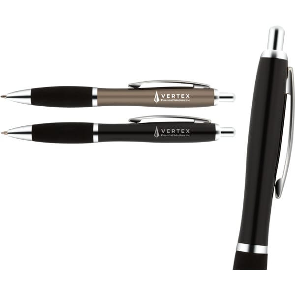 A metal pen set featuring a black pen and a bronze pen with sleek, ergonomic designs and branding.