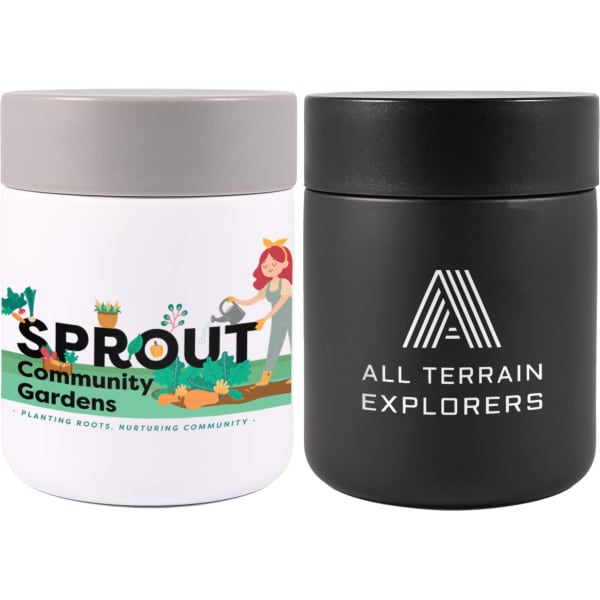 Two food containers: one white with a floral design and grey lid, and one sleek black with a logo.