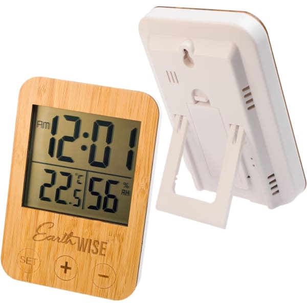 A digital weather station with a bamboo front, featuring a large display for time, temperature, and humidity.