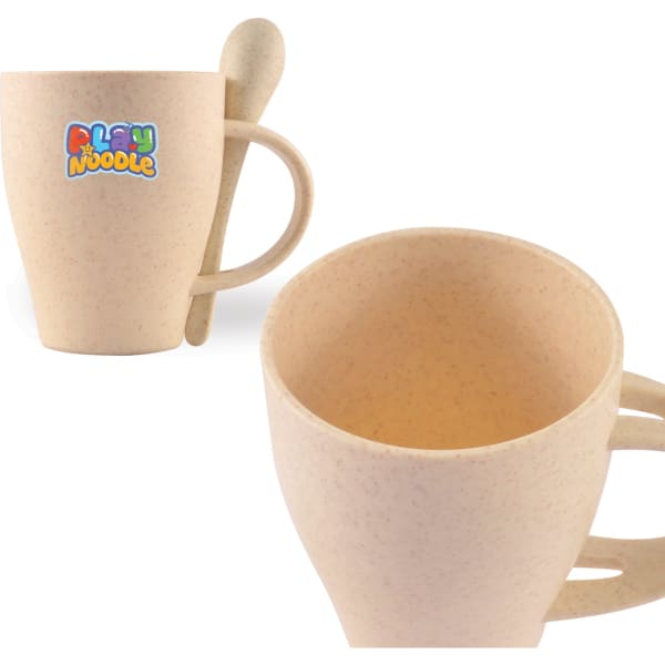 A reusable wheat fibre cup in beige, with a matching spoon attached and featuring a branding logo.