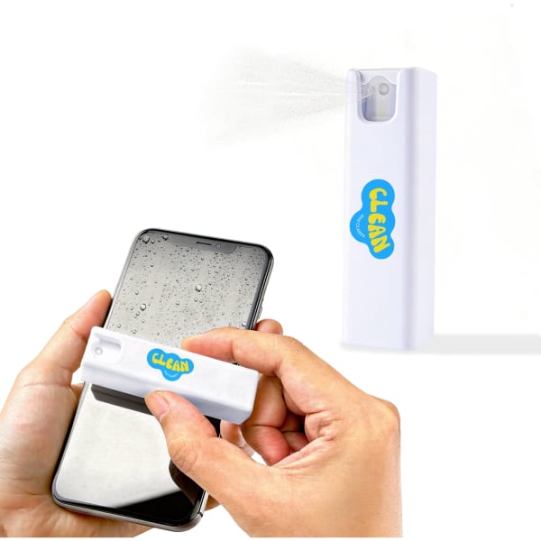 A white spray bottle for cleaning screens, held above a smartphone, with a small logo visible on the bottle.