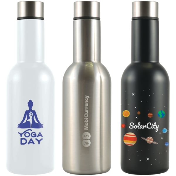 A drink bottle collection featuring a white, stainless steel, and black vacuum bottle, all with branding.