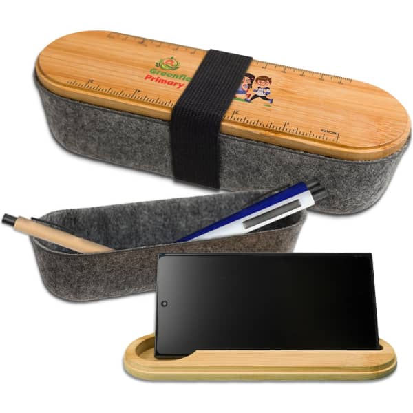 A grey utility case with a wooden lid featuring a ruler design, containing a pen and a smartphone.