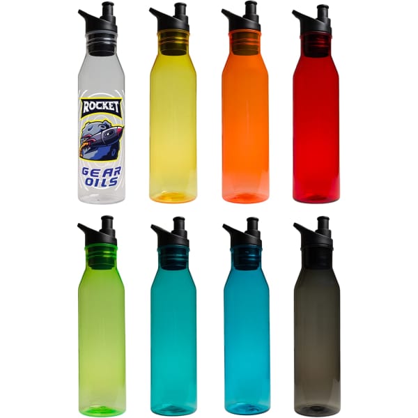 A drink bottle collection featuring bottles in clear, yellow, orange, red, and various shades of blue with black caps and logos.