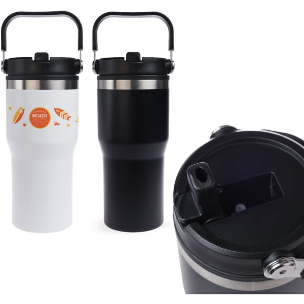 A drink bottle featuring a white and a black design, with a handle and a lid featuring a spout, both with a logo.