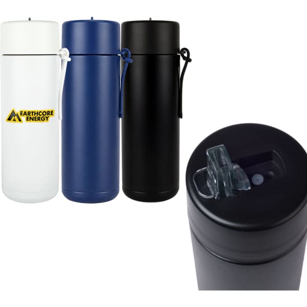 A drink bottle available in white, blue, and black, featuring a lid with a spout and a branding logo.