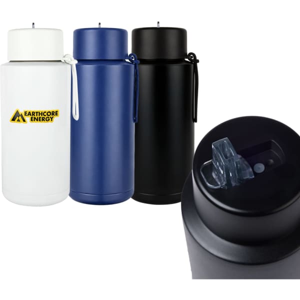 A drink bottle set featuring a white, navy blue, and black steel bottle, each with a lid and carrying strap.