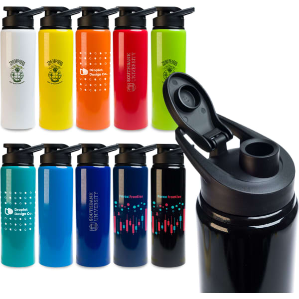 A drink bottle collection featuring various colours, including white, yellow, orange, green, blue, and black, with free flow lids.