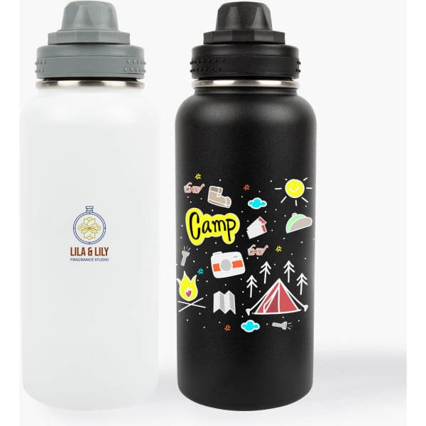 A drink bottle set featuring a clear bottle with a logo and a black bottle with colourful camping-themed graphics.