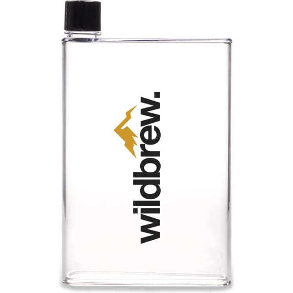 A drink bottle in clear plastic with a black cap and a logo featuring a mountain design.