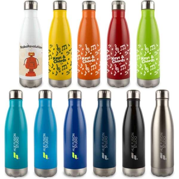 A drink bottle collection featuring various colours: yellow, orange, red, green, blue, black, and stainless steel, each with a logo.