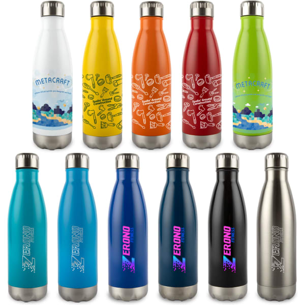 A collection of stainless steel vacuum bottles in various colours, including red, orange, blue, and silver, each with a logo.