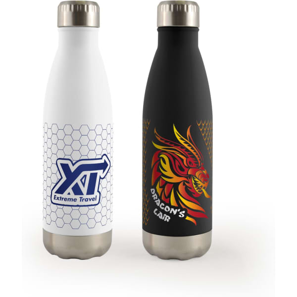 A drink bottle set featuring a white bottle with a logo and a black bottle adorned with a dragon design.