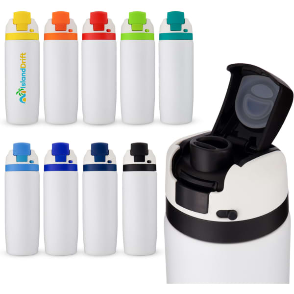 A drink bottle featuring multiple colour options, including orange, green, blue, and black, with a logo and a flip-top lid.