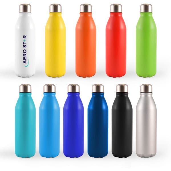 A drink bottle collection featuring various colours: white, yellow, orange, red, green, blue, black, and silver, each with a metallic cap and branding.