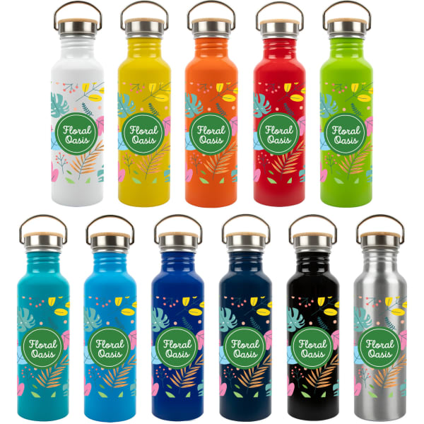 A collection of colourful drink bottles, including white, yellow, orange, green, red, blue, and stainless steel options, each with a logo.
