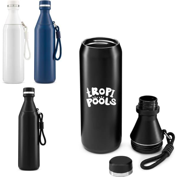 A drink bottle featuring a sleek design in white, blue, and black, with logos and detachable components.