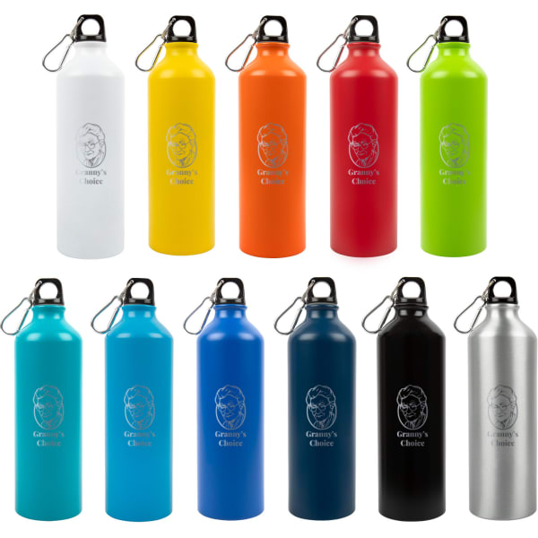 A drink bottle collection featuring various colours: white, yellow, orange, green, blue, black, and silver, with logos.