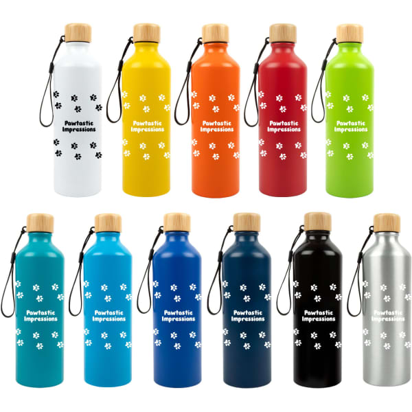 A drink bottle collection featuring various colours, including white, yellow, orange, green, blue, and silver, with bamboo lids and logos.