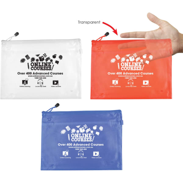 A transparent pouch with red and blue variations, featuring a branded logo and zippered closure.