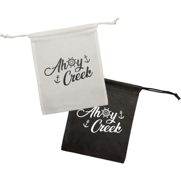 A white drawstring pouch and a black drawstring pouch, both featuring a printed design and drawstring closure.