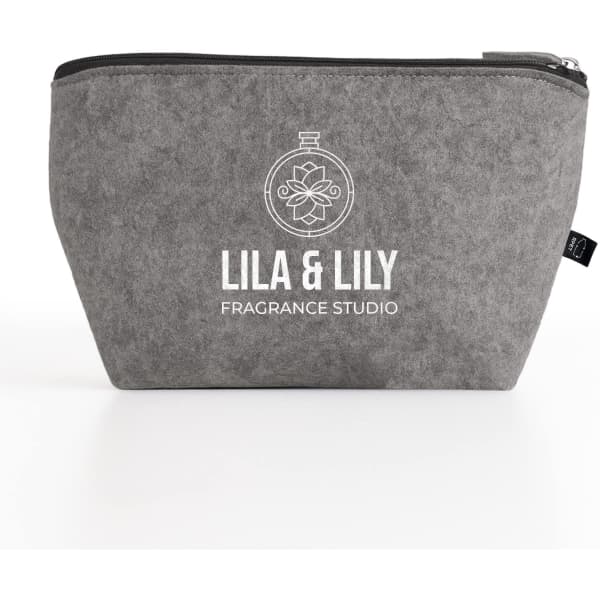 A grey felt pouch with a zip closure, featuring a logo on the front. Suitable for toiletries and accessories.