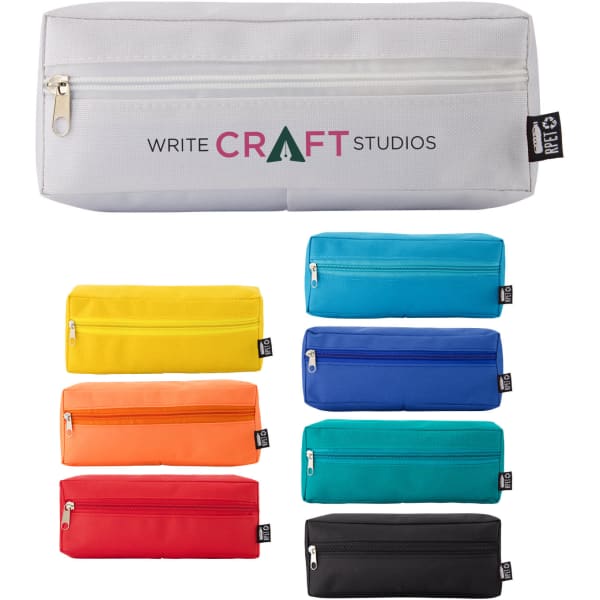 A collection of utility cases in white, orange, blue, teal, black, and yellow, featuring a logo on the white case.