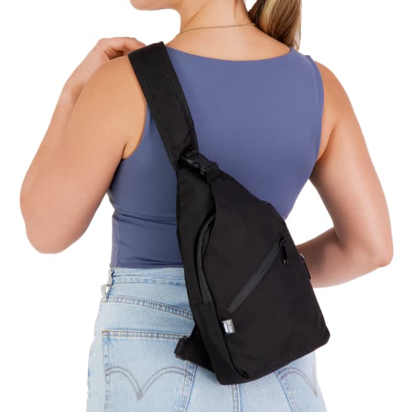 A black wallaby neck pouch worn across the shoulder, featuring a front zip pocket and a sleek design.