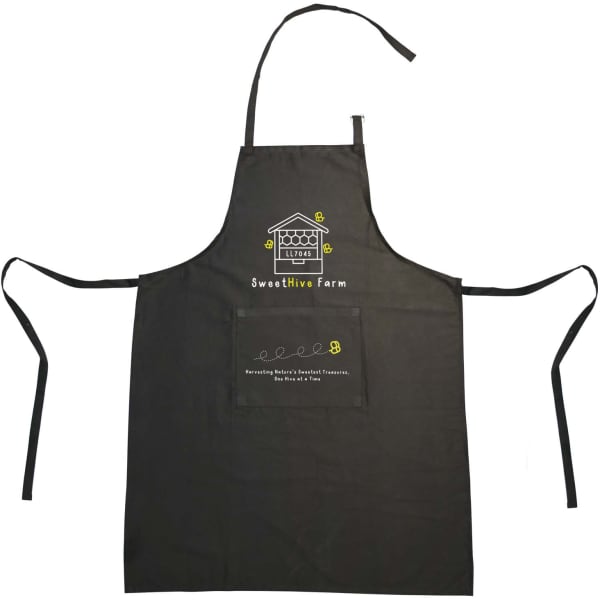 A black apron featuring a logo, with ties on either side and a pocket at the front.
