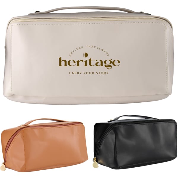 A toiletry bag in cream, tan, and black with a branding logo displayed on the front.