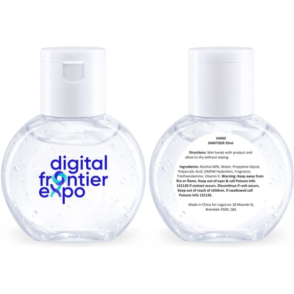 A round, clear bottle of gel hand sanitiser, featuring a logo and filled with a colourless liquid.
